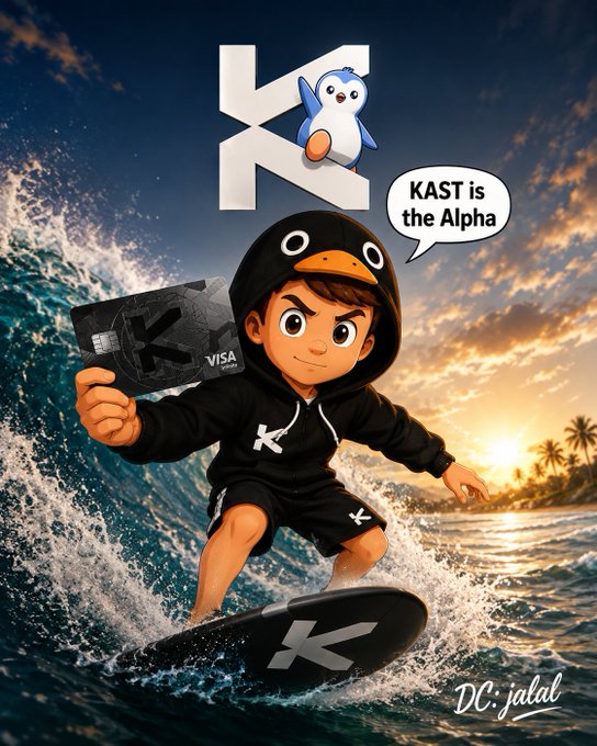 The image features a cartoon penguin wearing a black hoodie, standing on top of a surfboard with a credit card in its beak. The background shows an ocean scene with waves crashing against the shoreline. The text above the penguin reads "gKAST Day 69 spreading the TECH behind KAST is a next-generation financial platform built on stablecoin technology, Spending your USDT, USDC, and more like cash Pay bills with @KASTxyz Shop online Send money globally No banks No borders No delays @Coleta_Cripto".