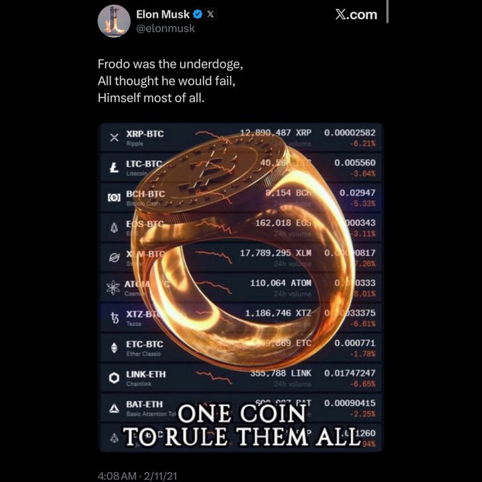 A screenshot of a tweet by Elon Musk (@elonmusk) referencing "Frodo was the underdog" alongside a crypto market dashboard showing various cryptocurrency pairs (XRP, LTC, BCH, EOS, XLM, ATOM, XTZ, ETC, LINK, BAT) with their prices and percentage changes, overlaid with a gold "One Ring" image and the caption "ONE COIN TO RULE THEM ALL."