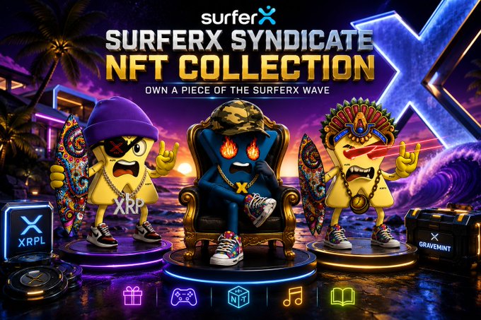 A promotional graphic for the "SURFERX SYNDICATE NFT COLLECTION" featuring three stylized cartoon characters—a yellow surfer with an XRP shirt, a central masked figure seated on a throne, and a tribal-masked surfer with fire eyes—displayed against a vibrant neon-lit beach backdrop with "XRPL" and "GRAVEMINT" branded pedestals.

The image directly supports the post's announcement of the SurferX Syndicate NFT Collection launching on GraveMint within the XRPL ecosystem, visually emphasizing the XRP branding and GraveMint platform integration.