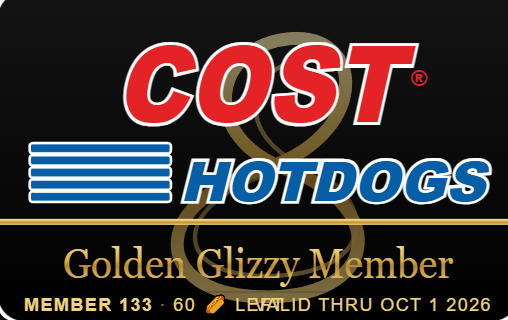 A playful "Golden Glizzy Member" card for Costco Hot Dogs, member 133, valid through Oct 1, 2026, humorously paired with a post about joining the "HotDog Ponzi Guys" and giving away hot dogs. The image ties into the post's joke by mimicking a membership card style, treating the hot dog giveaway like an official club.