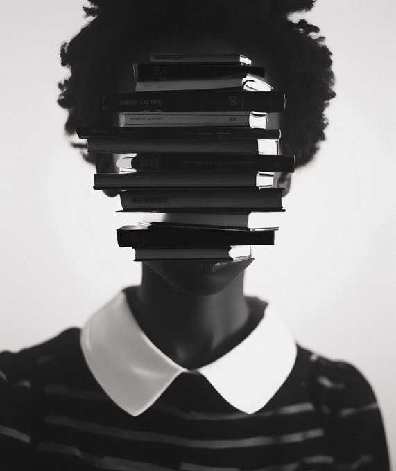 A black and white photograph shows a person wearing a striped shirt with a white collar, their face completely obscured by a stack of books.