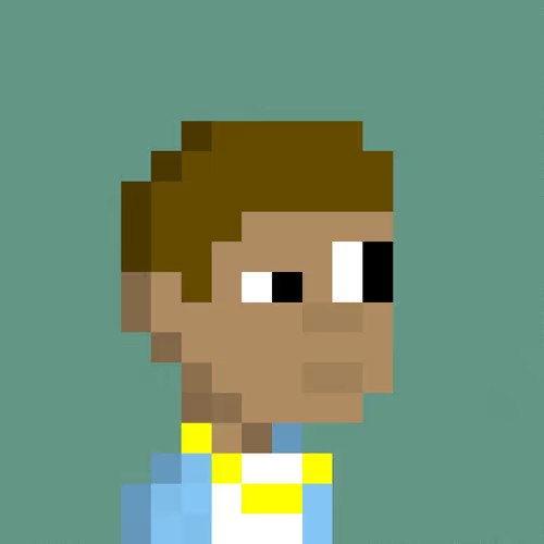 A pixel art illustration of a character with brown hair looking to the right, wearing a blue shirt against a teal background.