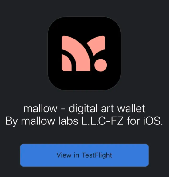 An app store page showing the 'mallow - digital art wallet' app by mallow labs, featuring a salmon-colored logo and a blue 'View in TestFlight' button.