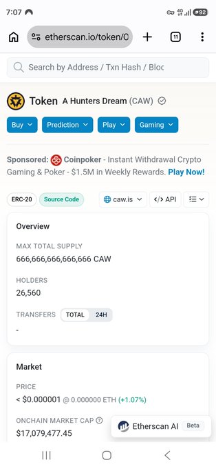 A mobile screenshot of Etherscan showing the 'A Hunters Dream (CAW)' ERC-20 token page, with a max total supply of 666,666,666,666,666 CAW, 26,560 holders, a price under $0.000001, and an onchain market cap of $17,079,477.45.