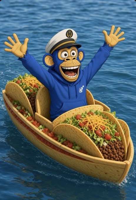 A humorous illustration of a cartoon monkey in a sailor outfit and cap with arms raised, riding in a boat made of giant tacos filled with meat, cheese, and lettuce on the ocean.