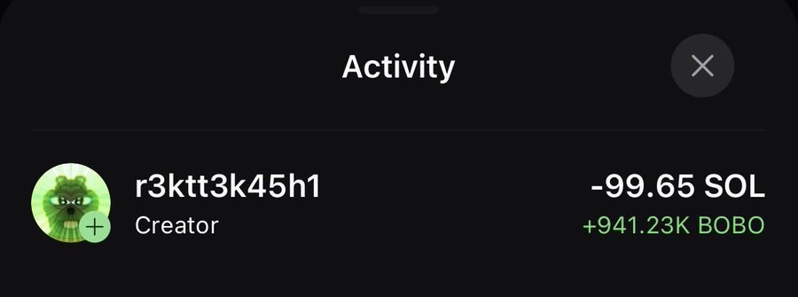 The image shows an "Activity" panel displaying a transaction where the user "r3ktt3k45h1" (labeled as Creator) spent -99.65 SOL and received +941.23K BOBO tokens, illustrating the largest of the three buybacks referenced in the post.