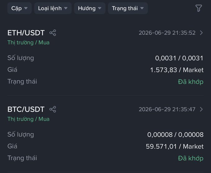 A cryptocurrency trading app displays two completed market buy orders: 0.0031 ETH at $1,573.83 and 0.00008 BTC at $59,571.01, both executed on 2026-06-29, illustrating the daily $10 accumulation purchases of ETH and BTC mentioned in the post.