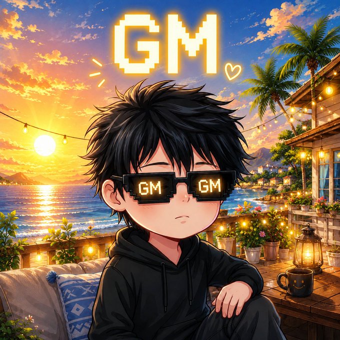 Anime-style illustration of a boy with black hair wearing pixelated sunglasses that display 'GM', sitting by a sunset ocean with 'GM' in large pixel text above him.