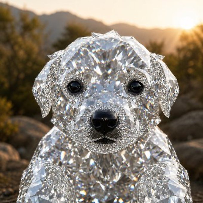 A puppy sculpted entirely out of crystal/diamond with black eyes and nose, photographed outdoors at sunset.