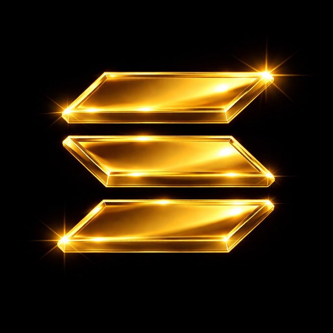 The image features three glowing, horizontal gold bars stacked against a black background, symbolizing the tokenized gold growth referenced in the post. The golden, radiant bars visually represent the precious metal at the center of Solana's impressive 690% year-over-year blockchain performance milestone.