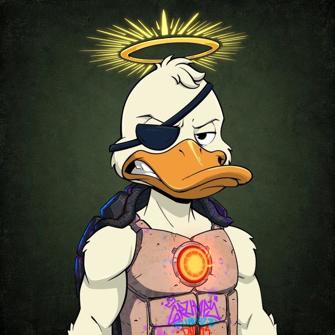A stylized cartoon duck character with an eyepatch, glowing halo, and graffiti-marked armor with an orange energy core on its chest.