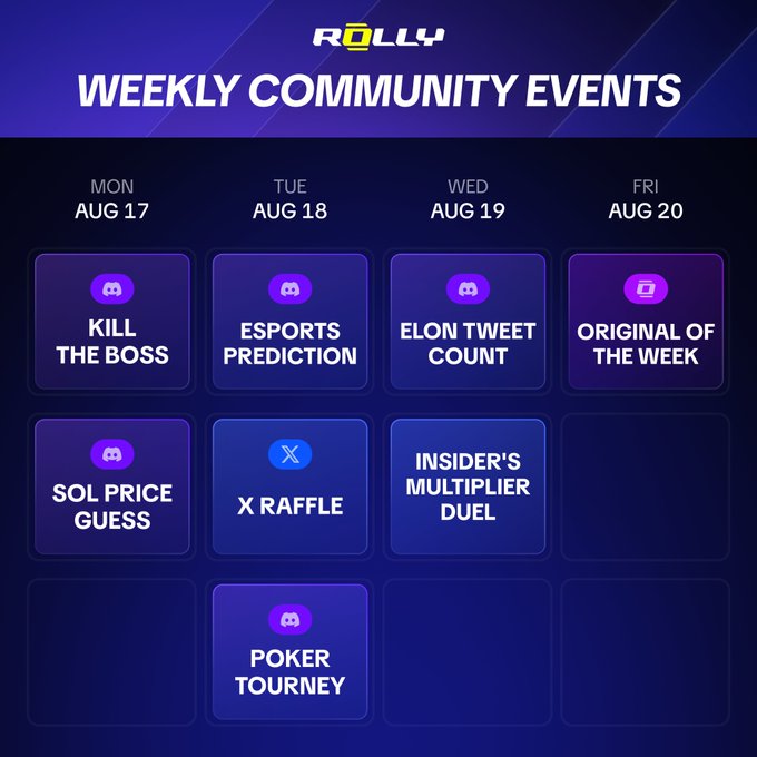 The image displays a "Weekly Community Events" schedule from Rolly, featuring events scheduled from Monday, August 17 to Friday, August 20, including "Kill the Boss," "Esports Prediction," "Elon Tweet Count," "Original of the Week," "Sol Price Guess," "X Raffle," "Insider's Multiplier Duel," and a "Poker Tourney" on Tuesday—matching the post's excitement about the week's lineup, particularly highlighting the poker tournament.