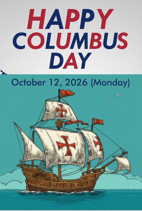 A festive graphic celebrating Columbus Day on Monday, October 12, 2026, features a hand-drawn wooden galleon with white sails emblazoned with red crosses sailing on teal waters beneath bold red and blue lettering. The accompanying post draws a conspiratorial connection between the Columbus Day imagery—specifically the ship—and the delayed #XRPN listing occurring over that holiday window.