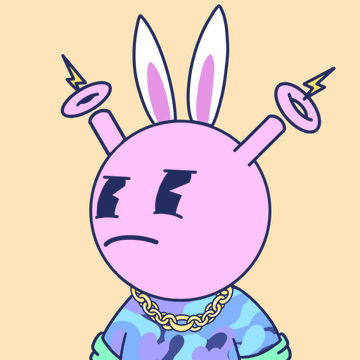 A pink cartoon bunny character with bunny ears adorned with lightning bolt antennae, wearing a gold chain and blue camo shirt, looking grumpy. The image represents Quirkie #355, an NFT that was just sold for 1.04 ETH ($1,643) on OpenSea.
