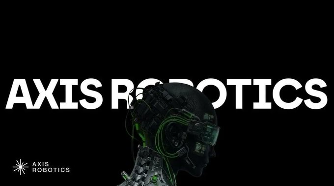 A promotional graphic displays 'AXIS ROBOTICS' in large white letters next to a detailed 3D rendering of a cybernetic human head with visible mechanical components and green accents.