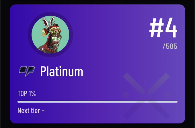 A purple achievement card displays rank #4 out of 585 in the 'Platinum' tier (TOP 1%), featuring an avatar of a rabbit-headed character in a gas mask.