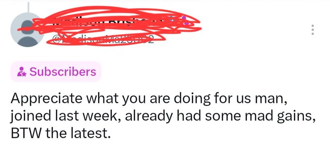 A screenshot of a subscriber comment with the name and details redacted out, praising the channel for "mad gains" after joining the previous week. The comment serves as social proof for the post's claim that being part of the right community leads to crypto profits.