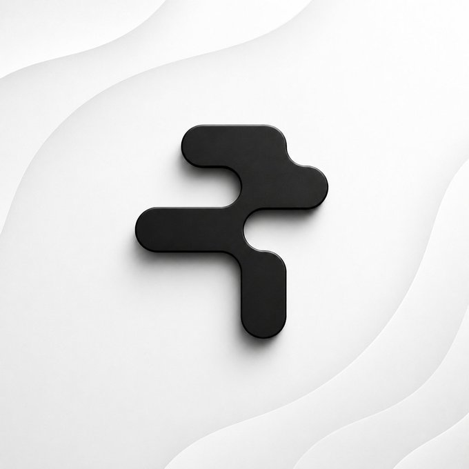 A minimalist, modern 3D-rendered black logo resembling an abstract geometric letter 'F' with rounded edges, set against a clean white background with subtle wave patterns.