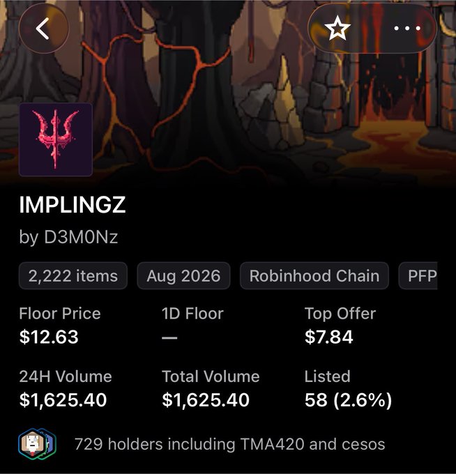 A mobile screen showing the "IMPLINGZ" NFT collection (2,222 items) by D3M0Nz on the Robinhood Chain, with a floor price of $12.63 and 729 holders, suggesting the poster likely airdrop-minted their Implingz NFT by holding Pitboys tokens in their wallet.
