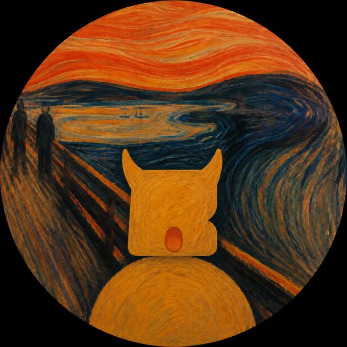 An artistic circular composition featuring Edvard Munch's "The Scream" painting with a cartoonish yellow figure integrated into the scene against an orange and blue swirling sky.
