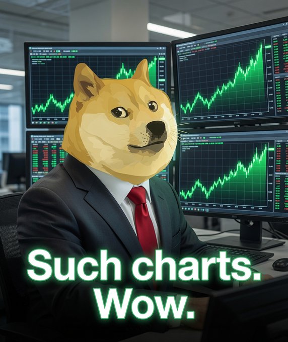 The image is a meme featuring the Doge (a Shiba Inu dog head) photoshopped onto a suited trader surrounded by four monitors displaying green candlestick charts, with the caption "Such charts. Wow." in the signature Doge Comic Sans font — matching the post's joke of Doge "checking the charts" for green gains ("tendies") in crypto/stock trading.