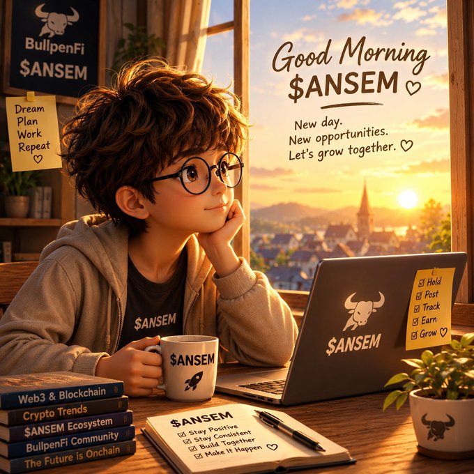 An AI-generated illustration of a boy wearing glasses and a $ANSEM hoodie working on a laptop with the $ANSEM logo, surrounded by 'Web3 & Blockchain', 'Crypto Trends', and '$ANSEM Ecosystem' books, with a 'Good Morning $ANSEM' message.