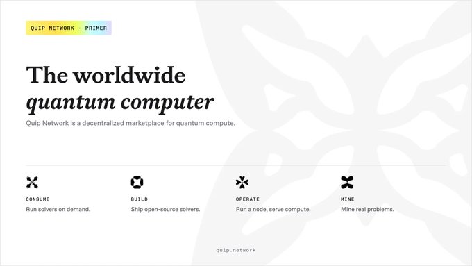 The image features a website with a white background that displays information about a worldwide Quantum Computer. The text on the page includes details about the purpose of this computer, its capabilities, and the network it operates on. There are also several icons representing different aspects of the Quantum Computer's functionality or the network it is part of.