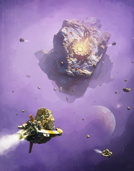 Digital artwork depicting a spacecraft flying through a purple cosmic environment with asteroids and a glowing central structure on a large rock formation.