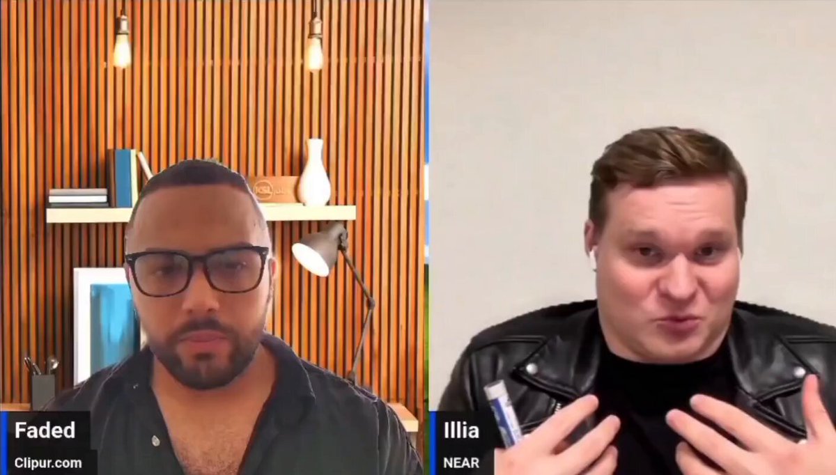 The image shows two men having a conversation over video call. One man wears glasses and has a beard, while the other man is wearing a leather jacket. The background features wooden panels that add an artistic touch to the scene. The caption of the image reads "It'S interesting to see how early the founder of $NEAR was thinking about AI. Long before large language models became mainstream, he was already exploring neural networks, natural language coding, and AI-generated software".