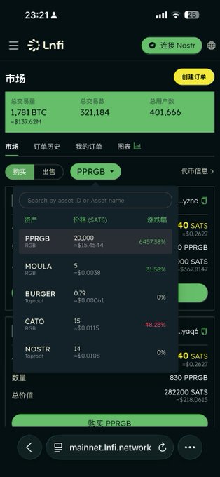 A mobile screenshot of the 'Lnfi' cryptocurrency marketplace app, showing market stats including '1,781 BTC' total transaction volume and a list of RGB assets like PPRGB, MOULA, and BURGER with their prices in SATS.