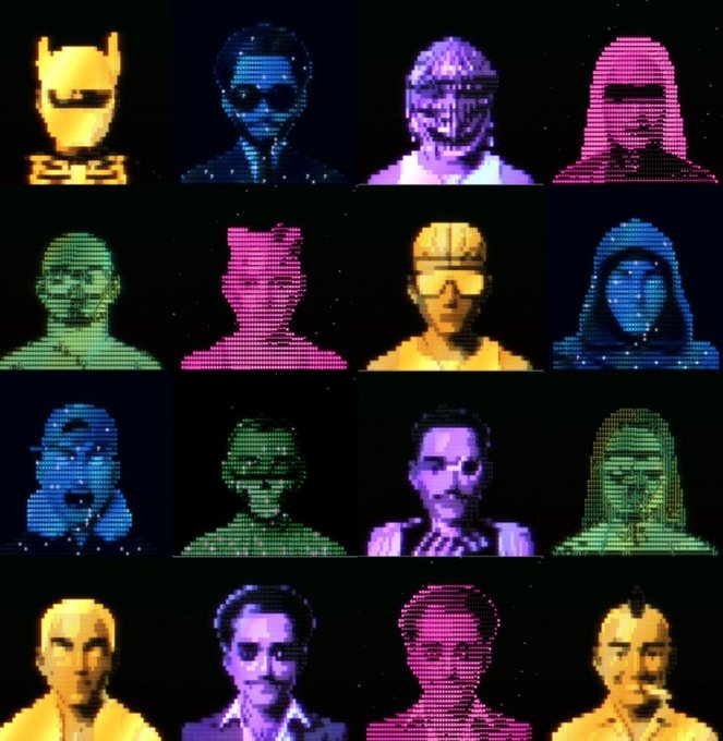 A grid of 16 pixelated, neon-colored character portraits in various colors like yellow, blue, purple, green, and pink.