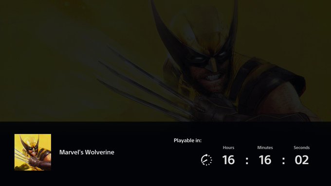 A countdown timer showing "Marvel's Wolverine" playable in 16 hours, 16 minutes, and 02 seconds, displayed beneath a dark cinematic image of Wolverine with extended adamantium claws, tying in with the post "Today is the day." to mark the game's imminent release.