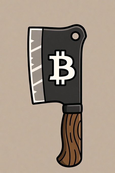 A cartoon cleaver with a Bitcoin "₿" logo on its blade, visually representing the metaphor of "slaying" Bitcoin-related disappointments or so-called "heroes" of the past year.