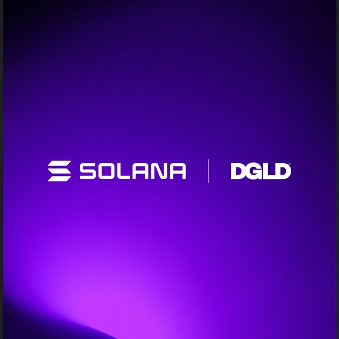 A purple gradient graphic displays the logos of 'SOLANA' and 'DGLD' side by side, separated by a vertical line.