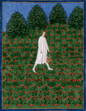 A Persian/Renaissance-style miniature painting depicting a figure in white robes carrying a basket walking through a field of red flowers with trees in the background.