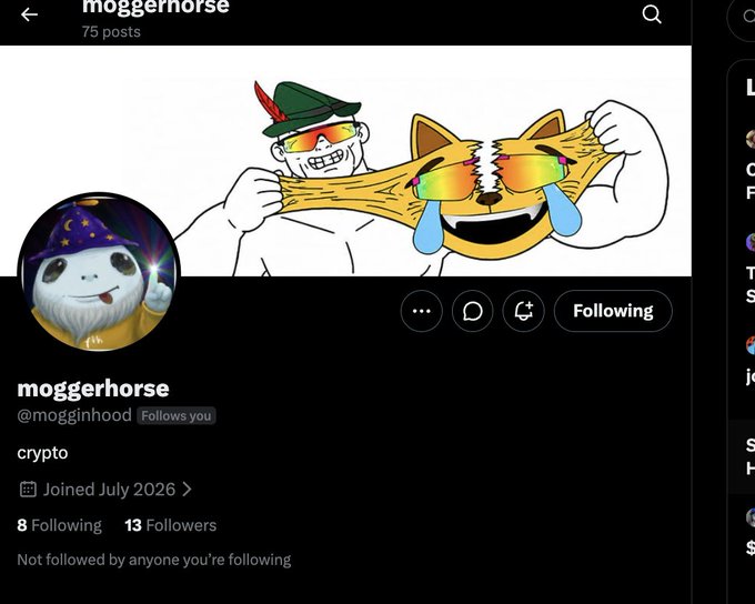 A Twitter/X profile for 'moggerhorse' (@mogginhod), which 'Follows you', featuring a meme illustration of a doge-like character stretching and a wizard figure, with the bio 'crypto' and noting 'Joined July 2026'.