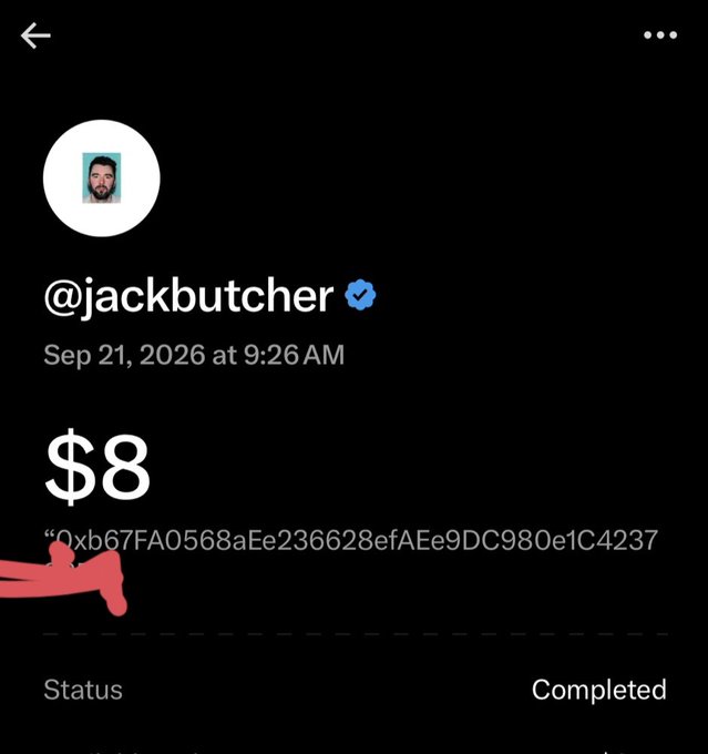 A mobile payment confirmation screen shows a transaction from @jackbutcher (verified) for $8, with a long alphanumeric hash below and a Status marked as Completed.