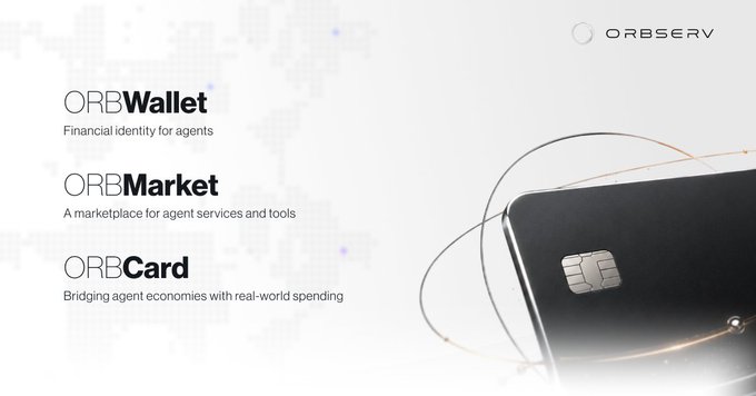The image features a black laptop computer placed on top of a brown table. The background of the image is white, which contrasts with the dark color of the laptop. Below the laptop, there are three different logos displayed - one for an "ORB Wallet", another for an "ORB Market", and the third for an "ORB Card". These logos represent various aspects related to the agent economy, such as financial identity, marketplace services, and real-world spending. The image also includes text that reads: "The agent economy needs more than wallets. It needs infrastructure. ORB Wallet → Financial identity for agents ORB Market → A marketplace for agent services and tools ORB Card → Bridging agent economies with real-world spending Together, they form the foundation of the".