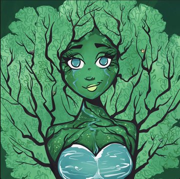 A digital illustration of a green-skinned tree-like female character with blue eyes, surrounded by foliage and wearing a blue and white outfit.