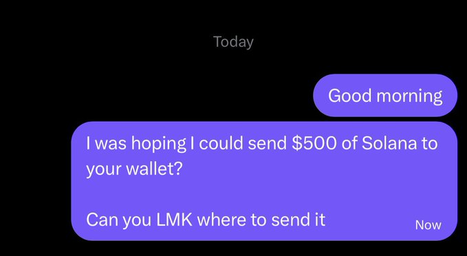 This image shows a direct message conversation where someone asks if they can send another person $500 worth of Solana to their wallet. The accompanying post with the eggplant emoji (🫪) implies this is a humorous or suggestive DM exchange.
