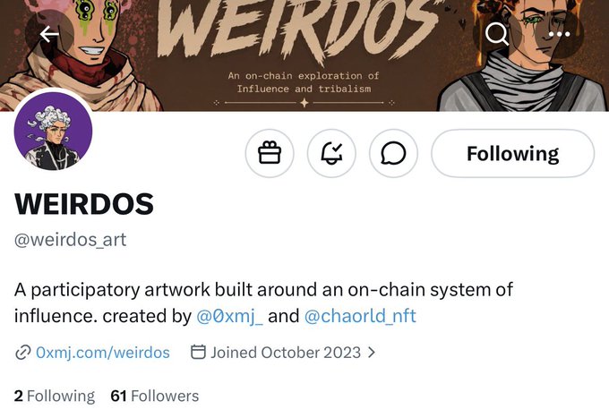 A screenshot of the WEIRDOS (@weirdos_art) Twitter/X profile, showing a "Following" button, the tagline "An on-chain exploration of influence and tribalism," and account stats of 2 Following and 61 Followers. The image confirms the early alpha mention, displaying the project's official social media presence founded by @0xmj_ and @chaorld_nft.
