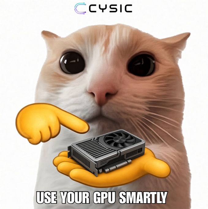 A close-up of an orange and white cat pointing at a small graphics card held in its paw, with "CYSIC" branding at the top and the text "USE YOUR GPU SMARTLY" at the bottom.