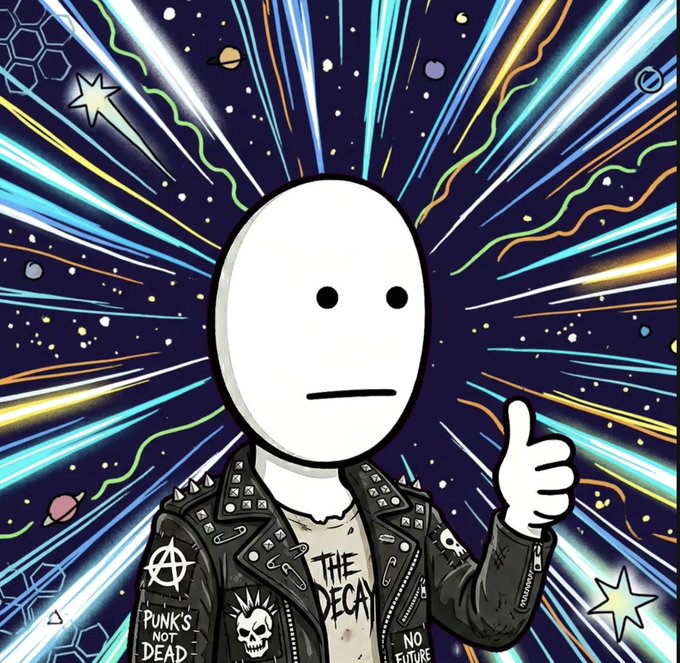The image features a white character with a black skull design on their jacket, giving them a punk rock style. The character is wearing a leather jacket and has a peace sign while making a thumbs up gesture. The background of the image is filled with colorful lines and shapes, creating an abstract space-like atmosphere. The caption to the image reads: "When people from @okguynft get offers that are literally a 1,000x and they say no, it sends a huge message we're better than weth bids. We're ok".