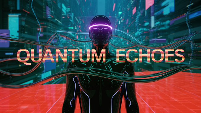 A futuristic cyberpunk-style graphic titled "QUANTUM ECHOES" features a dark humanoid figure with glowing neon-purple visors against a neon cityscape background with flowing teal energy ribbons and a red grid floor.