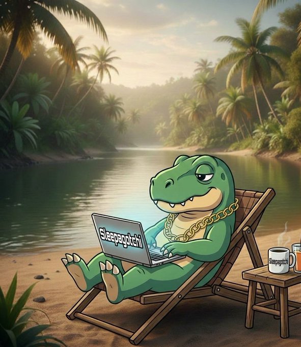 An AI-generated illustration of a green crocodile wearing a gold chain, lounging on a beach chair while using a laptop labeled 'Sleepagotchi', with mugs beside it.