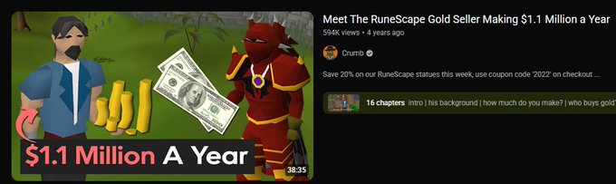 A YouTube thumbnail titled 'Meet The RuneScape Gold Seller Making $1.1 Million a Year' by Crumb, featuring RuneScape characters with gold stacks and money, viewed 594K times.