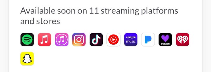 A graphic announcing 'Available soon on 11 streaming platforms and stores' with logos for Spotify, Apple Music, iTunes, Instagram, TikTok, YouTube Music, Amazon Music, Pandora, Deezer, iHeartRadio, and Snapchat.