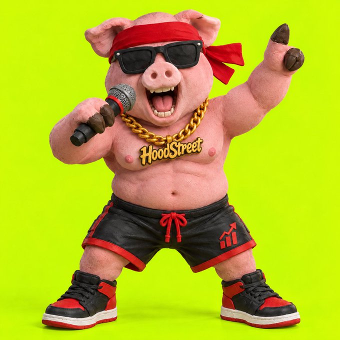 A 3D-rendered anthropomorphic pig mascot wearing a red headband, sunglasses, a gold chain reading 'HoodStreet', black and red shorts, and red and black sneakers, holding a microphone and making a peace sign against a bright green background.