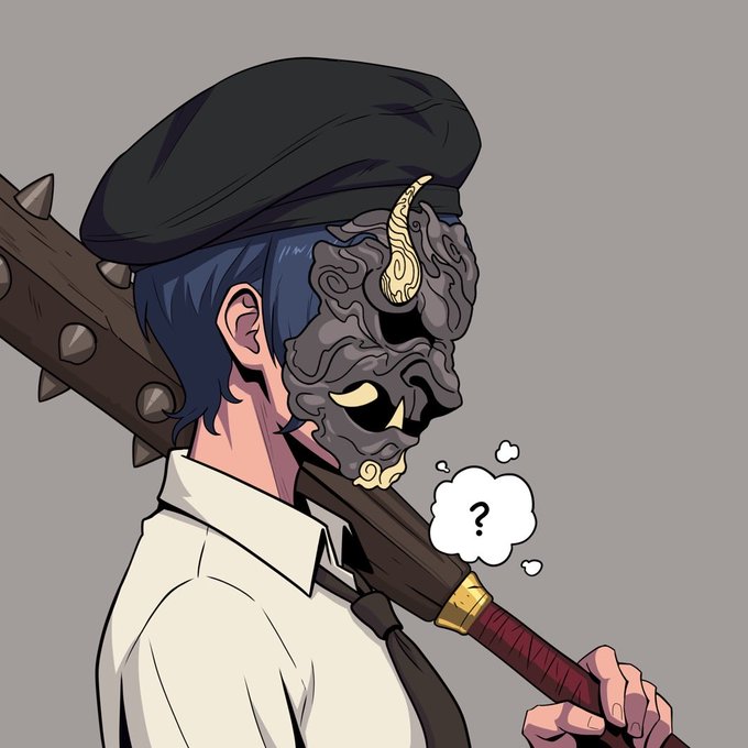 An anime-style character wears a menacing dark grey oni mask with golden accents while holding a spiked wooden bat over his shoulder, sporting a beret, blue hair, and a white collared shirt with a tie. A small thought bubble containing a "?" appears next to him, giving a confused or curious vibe that fits the post's playful "GM" (good morning) greeting promoting anime culture and the @kizohood brand.