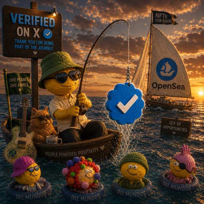 An elaborate NFT digital artwork featuring 'Del Mundos' characters on a boat with OpenSea, 'Verified on X' signage, a fishing rod hooked on a verified blue checkmark, and a guitar.
